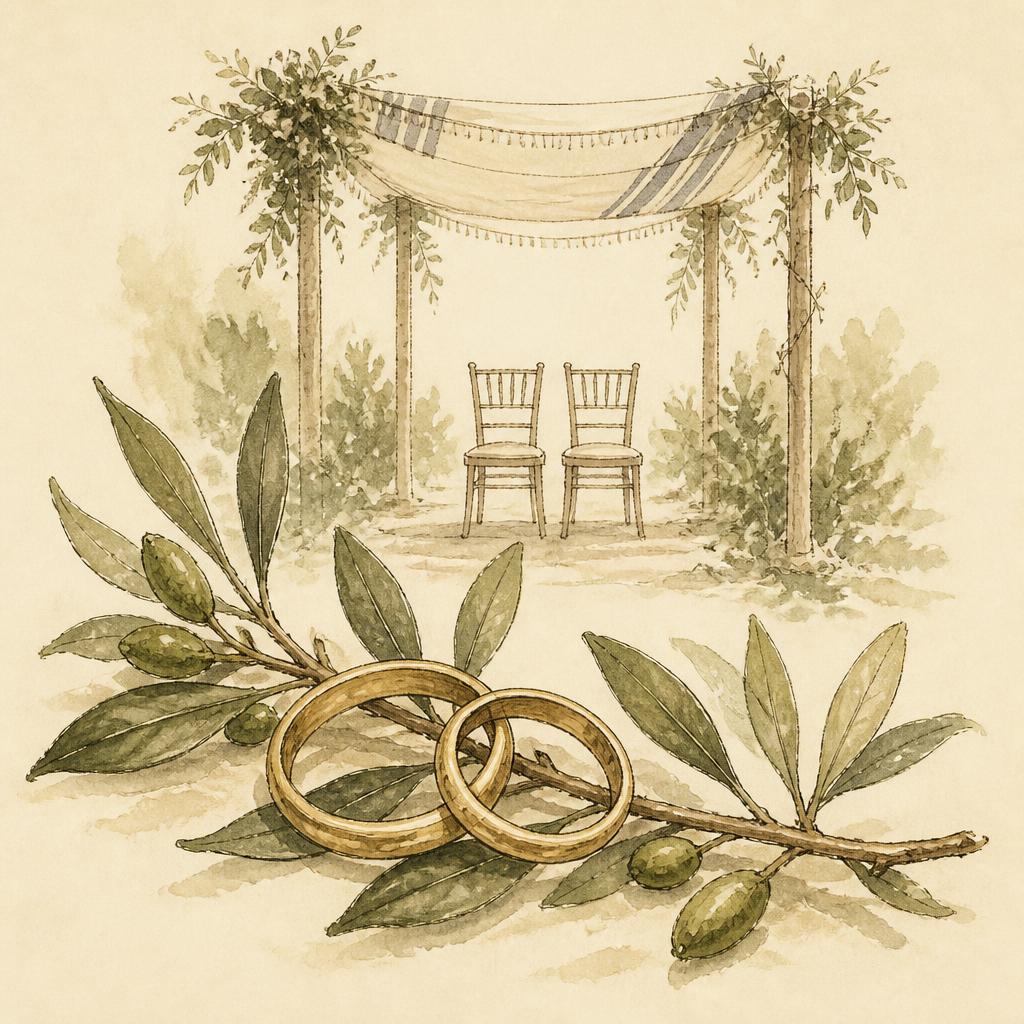 Hand-drawn illustration of two overlapping gold wedding rings on an olive branch, with a chuppah and two chairs behind.